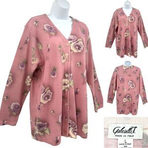Gabriella T. Pink Italian Merino Wool Floral Cardigan Sz. L Vintage
